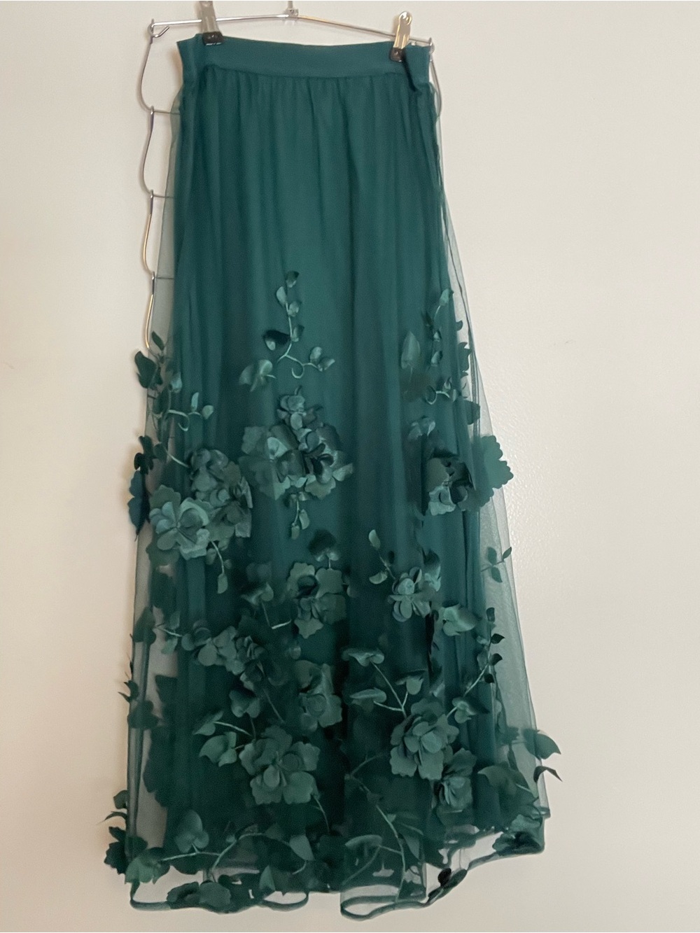 Anthropologie Green Floral Appliqué Tulle Maxi Skirt